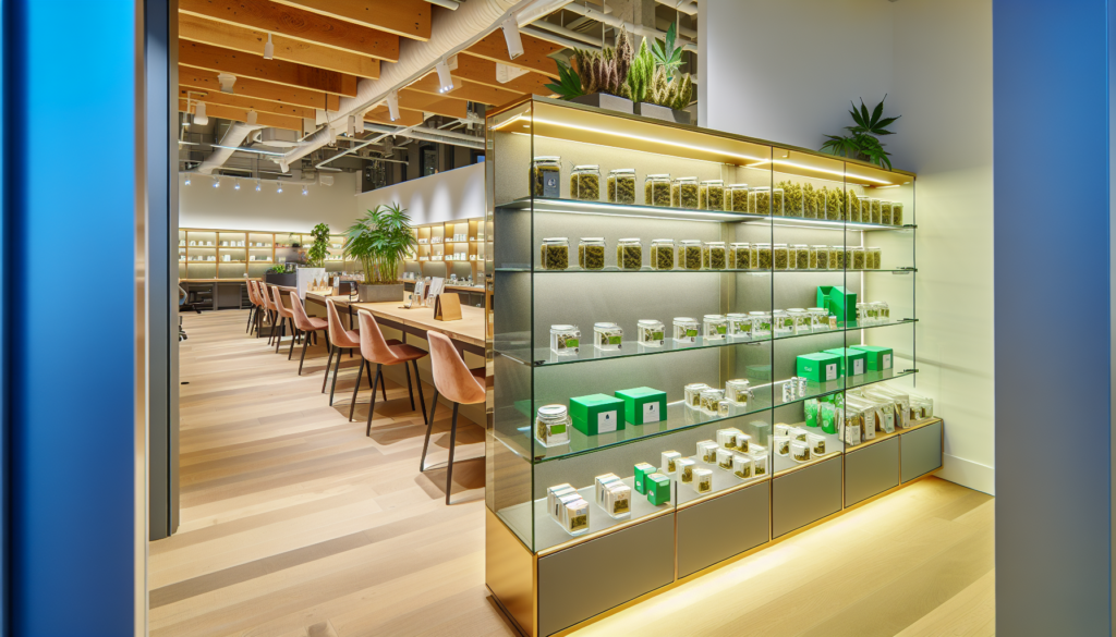 A diverse selection of cannabis products displayed on shelves in a modern dispensary