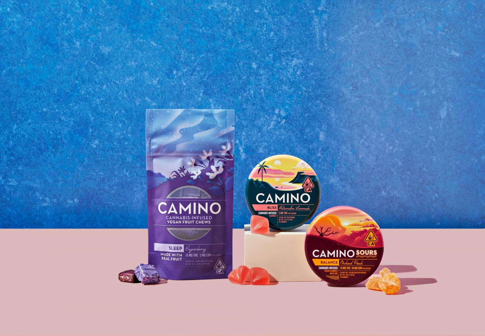 Camino-style cannabis gummies in a 20-count tin showing terpene-tailored doses at 5mg THC per piece